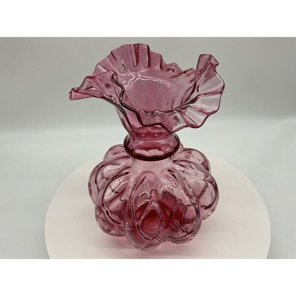 FENTON Cranberry Melon Vase Art Glass Optic Coin Dot Vase Ruffled Edge 8" Tall - Picture 16 of 16